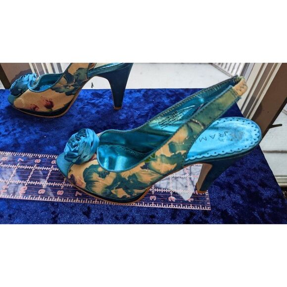 Rampage rosette heels, blue floral Size 10 M platform slingback shoes - Picture 4 of 5